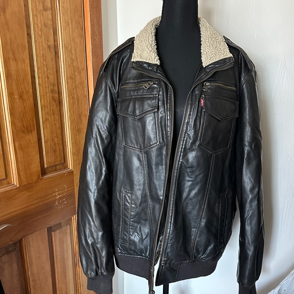 Levi's Dark Brown Fauex Leather Bomber Jacket with Shearling Collar